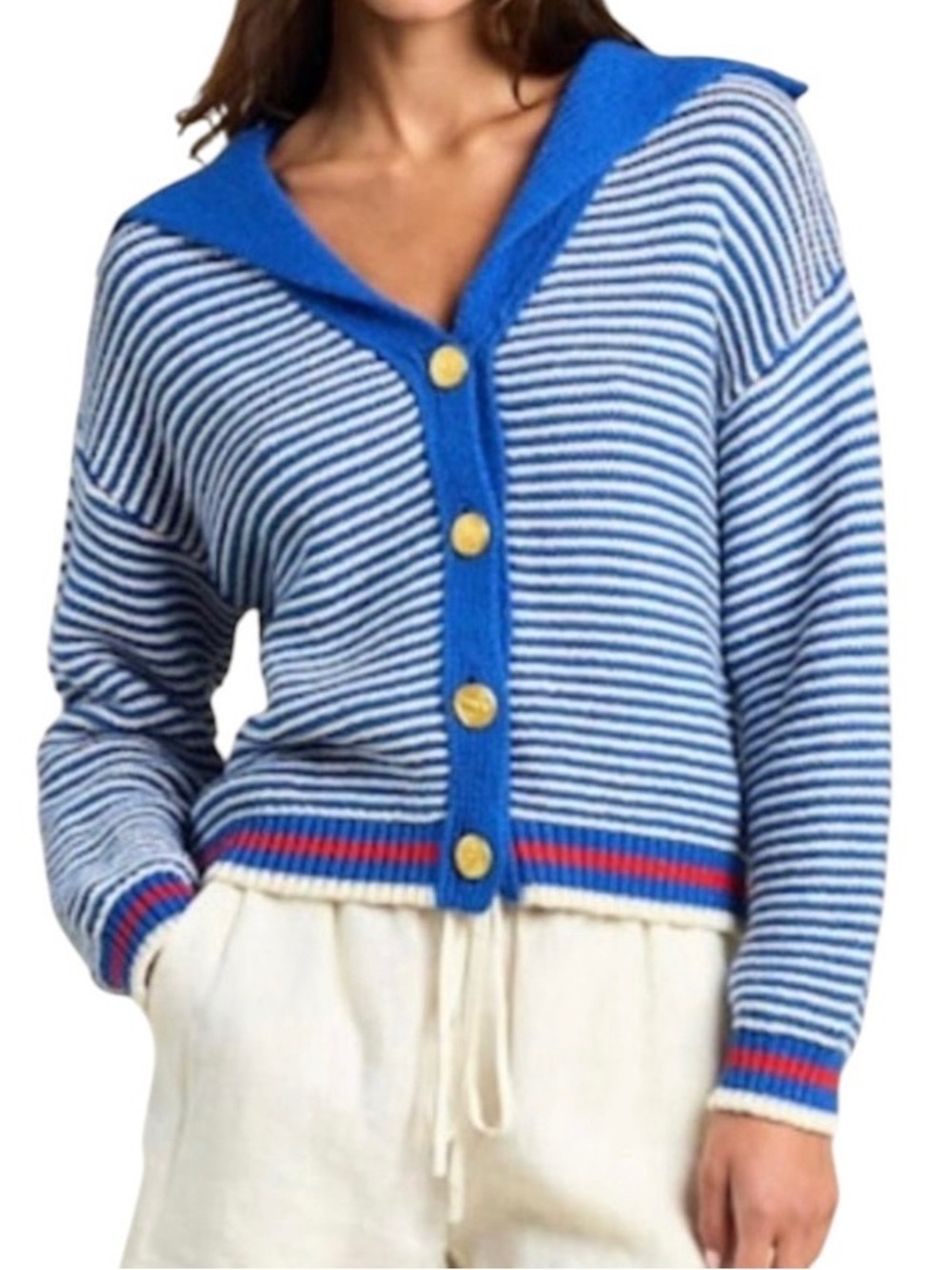 Trovata Savannah Cotton Stripe Contrast Collar Gold-Button Cardigan Sweater